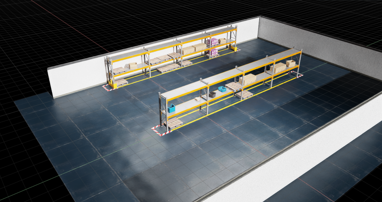 Warehouse with two shelves